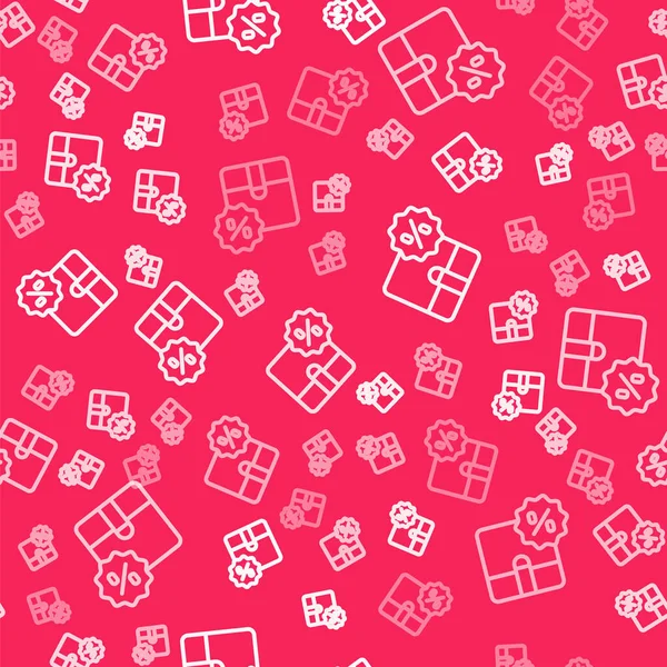 İndirimli yüzde etiket simgesi içeren beyaz çizgi karton kutu kırmızı arka planda izole edilmiş kusursuz desen. Kutu, paket, paket işareti. Teslimat ve ambalaj. Vektör