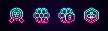 Set hattı Bal Ödülü, bal peteği, bal peteği ve arı satışı ve. Parlayan neon ikonu. Vektör