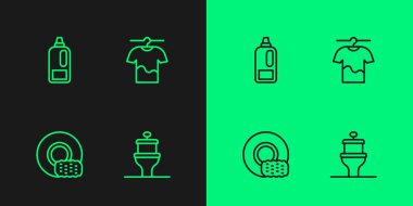 Hat çizgisi, klozet, bulaşık, deterjan şişesi ve kurutma ikonu. Vektör