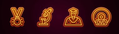 Set hattı Madalyası, Mikroskop, Mezuniyet ve mezuniyet şapkası ve CD veya DVD diski. Parlayan neon ikonu. Vektör