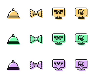 Yemek tepsisi, makarna ve bayrak İtalya ikonu ile kaplı Karnaval maskesi. Vektör