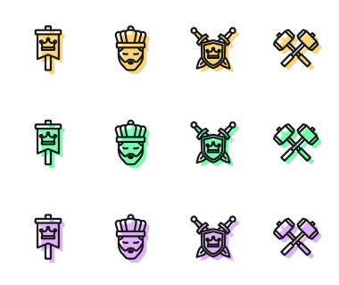 Kılıçlı kalkan, ortaçağ bayrağı, kral tacı ve çapraz savaş çekiçleri simgesi. Vektör