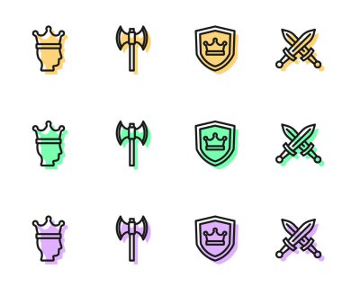 Kral, Ortaçağ kutup baltası ve çapraz ortaçağ kılıç ikonu ile siper alın. Vektör