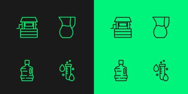 Test tüpünü su damlası, büyük şişe temizliği ve sürahi cam ikonu ile ayarla. Vektör