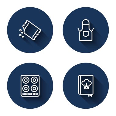 Biber paketi, mutfak önlüğü, gaz ocağı ve uzun gölgeli yemek kitabı. Mavi daire düğmesi. Vektör