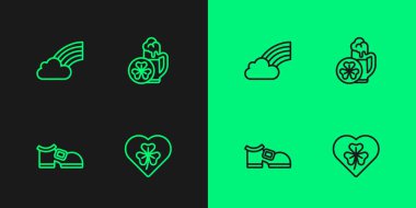 Çizgiyi yonca yaprağı, leprikon çizmesi, Gökkuşağı bulutu ve bira ikonu ile ayarla. Vektör