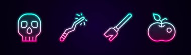 Çizgi, Kurukafa, Sihirli değnek, Cadı süpürgesi ve Zehirli Elma. Parlayan neon ikonu. Vektör