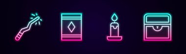Sihirli değnek, halı, yanan mum ve antik hazine sandığı. Parlayan neon ikonu. Vektör