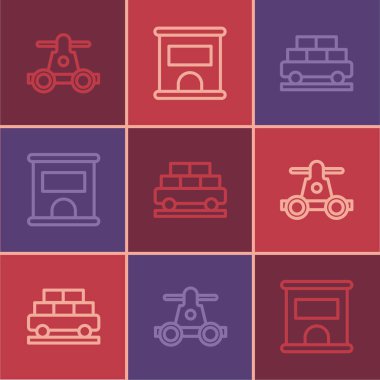 Hat Handcar taşımacılığı, yük vagonu ve bilet ikonu almak için bilet gişesi ayarlayın. Vektör