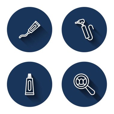 Diş macunu tüpü, diş matkabı ve uzun gölgeli diş taraması ayarlayın. Mavi daire düğmesi. Vektör