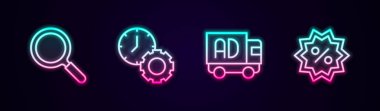 Çizgi büyüteç, zaman yönetimi, kamyon reklamları ve yüzde indirim etiketleri. Parlayan neon ikonu. Vektör