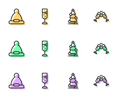 Sabit bir Noel ağacı, Noel Baba şapkası, bir kadeh şampanya ve ikon. Vektör