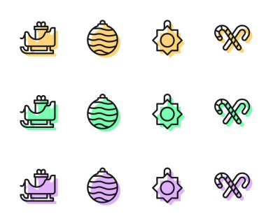 Çizgili Noel oyuncağı, Noel Baba kızağı, çizgili baston şeker ve top. Vektör