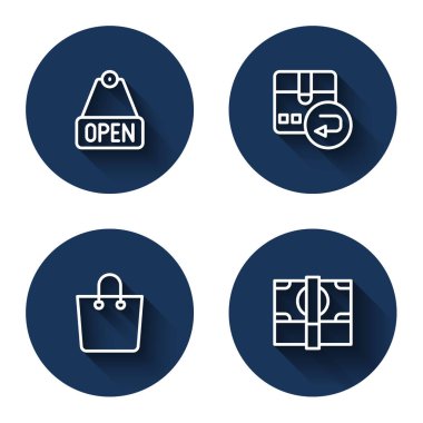 Satır asma tabelasını metin açığı, karton kutu, kağıt alışveriş çantası ve uzun gölgeli kağıt para yığınıyla ayarla. Mavi daire düğmesi. Vektör