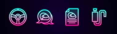 Yarış direksiyonu, miğfer ve araba susturucusu ayarlayın. Parlayan neon ikonu. Vektör