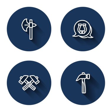 Ortaçağ baltası, nal, çapraz çekiç ve uzun gölgeli çekiç. Mavi daire düğmesi. Vektör