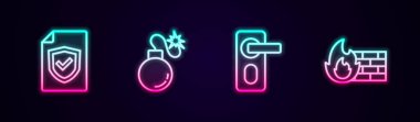 Kalkanla, bombayla, parmak iziyle, kapı kilidiyle ve güvenlik duvarıyla bir hat oluştur. Parlayan neon ikonu. Vektör