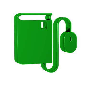 Saydam arkaplanda fare simgesine sahip Yeşil Elektronik kitap. Çevrimiçi eğitim kavramı. E-kitap rozet simgesi. 