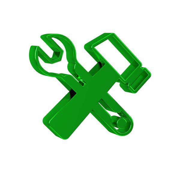 Green Crossed hammer and wrench spanner icon isolated on transparent background. Hardware tools. 