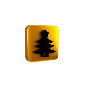 Şeffaf arkaplanda siyah Noel ağacı simgesi var. Mutlu Noeller ve mutlu yıllar. Sarı kare düğmesi.