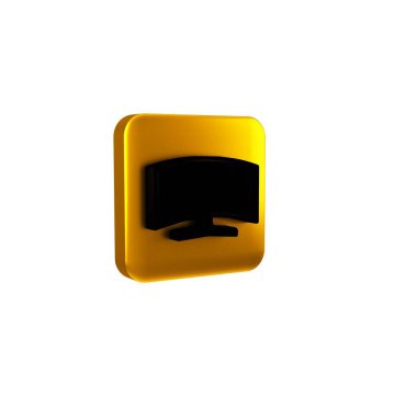 Siyah Bilgisayar monitörü simgesi şeffaf arkaplanda izole edildi. Bilgisayar bileşeni işareti. Sarı kare düğmesi.