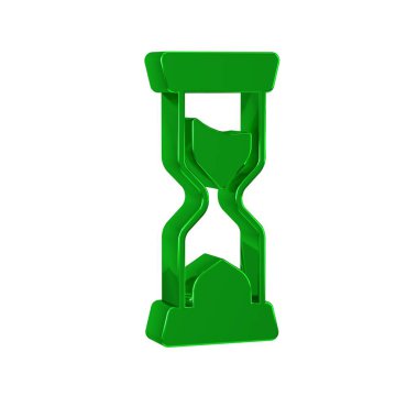 Şeffaf arkaplanda izole edilmiş kum ikonu akan yeşil kum saati. Kum saati işareti. İş ve zaman yönetimi kavramı. 
