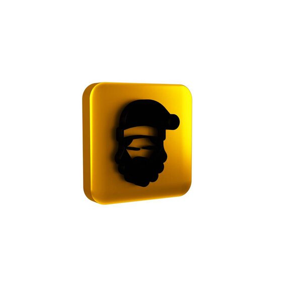 Black Santa Claus hat and beard icon isolated on transparent background. Merry Christmas and Happy New Year. Yellow square button.