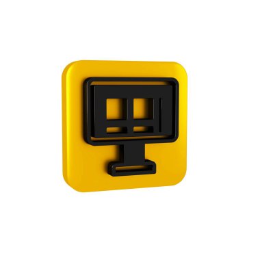 Siyah Online alışveriş ekranda şeffaf arkaplanda izole edilmiş bir simge. Konsept e-ticaret, e-ticaret, online iş pazarlama. Sarı kare düğmesi.