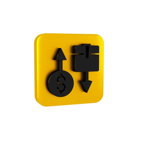 Black Tax carton cardboard box icon isolated on transparent background. Box, package, parcel sign. Delivery and packaging. Yellow square button.
