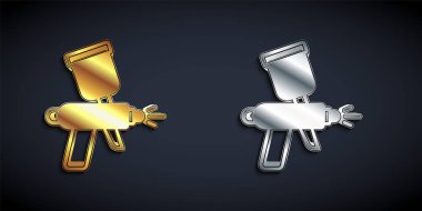 Siyah arka planda altın ve gümüş renkli sprey tabanca ikonu var. Uzun gölge tarzı. Vektör