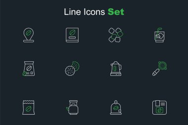 Kahve çekirdeği torbası, saplı çaydanlık, kahve filtresi tutacağı, elektrikli su ısıtıcısı, kurabiye ya da bisküvi ve ikon. Vektör
