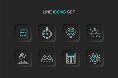 Satır Atom, Hesap Makinesi, İletki ızgarası, Masa Lambası, Trigonometrik Çember, Yıldız Madalyası, Stopwatch ve Abaküs simgesi. Vektör