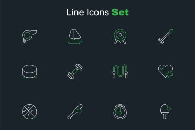 Set hattı raketi, Stopwatch, beysbol sopası, basketbol, kalp atış hızı, ip atlama, Dumbbell ve Hokey diski ikonu. Vektör