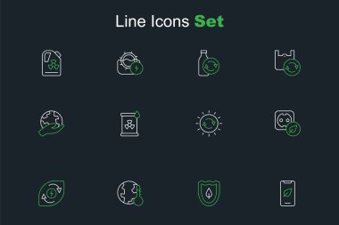 Telefon hattını yaprak, kalkan, Dünya 'nın küresel ısınma, su enerjisi, elektrik prizi, güneş paneli, radyoaktif atık varili ve Dünya' yı tutan bir ikona ayarlayın. Vektör