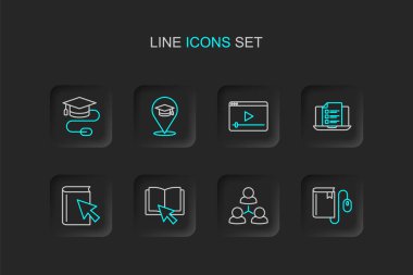 Fare, Online class, quiz, test, survey, playplay video, eğitim ve mezuniyet ikonu ile Elektronik kitabı ayarla. Vektör