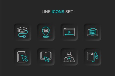 Fare, Online class, quiz, test, survey, playplay video, eğitim ve mezuniyet ikonu ile Elektronik kitabı ayarla. Vektör