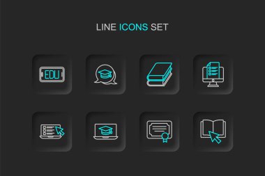 Online rehber, sertifika şablonu, dizüstü bilgisayarda mezuniyet kapağı, sınav, sınav, araştırma, kitap, konuşma balonu ve eğitim ikonu ayarla. Vektör