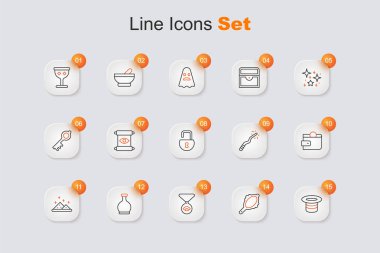 Sihirli şapka, el aynası, zincirli göz, şişe iksiri, toz, cüzdan, değnek ve asma kilit ikonu. Vektör