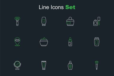 Makyaj fırçası, şampuan, krem ya da losyon tüpü, yuvarlak makyaj aynası, gerekli yağ şişesi ve gülen dudaklar ikonu. Vektör