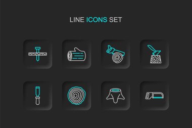 Demir testeresi, ağaç kütüğü, yüzükler, keski aleti, tahta balta, el ve kütük ve metal tırnak ikonu. Vektör