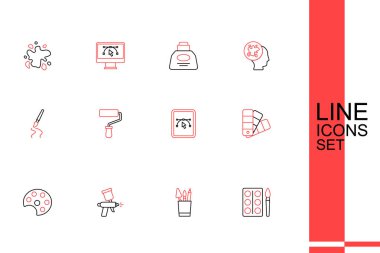 Watercolor boyalarını kutuya, kalem kutusuna, sprey tabancaya, palete, renk palet rehberine, tasarım programlı bilgisayara, paten fırçasına ve ikona yerleştir. Vektör