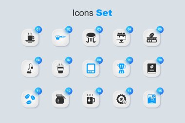 Kahve için madalya, kahve fincanı, filtre tutacağı, fasulye, makine, kitap ve elektronik ölçek ikonu hazırlayın. Vektör