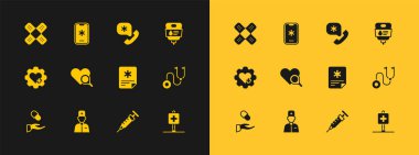 Serum torbası, erkek doktor, hasta kaydı, şırınga, kalp muayenesi, acil yardım çağrısı, bandaj bandı ve ikon. Vektör