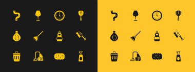 Tuvalet fırçası, elektrikli süpürge, bulaşık suyu şişesi, sünger, lastik pompa, saat, endüstriyel metalik boru ve şarap cam ikonu. Vektör