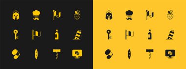 Üzüm meyvesi, Fransız ekmeği, bir şişe şarap, tirbuşon, bayrak İtalya, Roma askeri miğferi ve İtalyan aşçı ikonu. Vektör