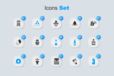 Test tüpünü su damlası, yangın musluğu, su, konuşma baloncukları, şişe dolusu, büyük şişe temiz, serin ve ikon ile ayarla. Vektör