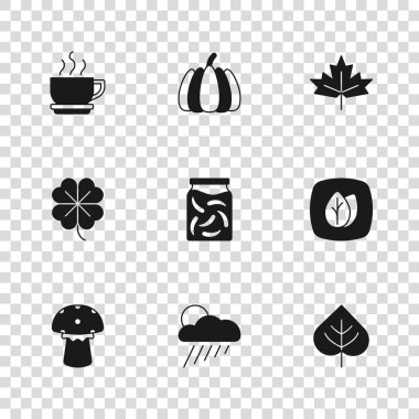 Yağmur, güneş, salatalık turşusu kavanozu, Kanada akçaağaç yaprağı, kahve fincanı, balkabağı ve dört yonca ikonu. Vektör