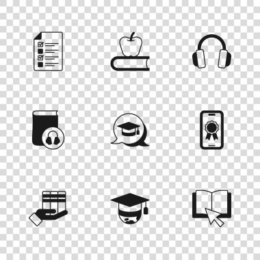Diploması, kitabı, konuşma balonu, kulaklığı, sınavı, testi, anketi, kitap elma ve ses simgesini içeren çevrimiçi eğitim başlığını belirleyin. Vektör