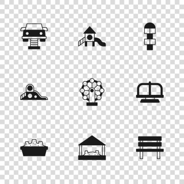 Sandbox 'ı kum, atlıkarınca, Bench, dönme dolap, Hopscotch, Swing, Slide çocuk parkı ve ikon ile ayarla. Vektör