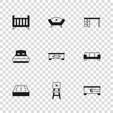 Koltuk, kanepe, televizyon masası, ofis masası, bebek beşiği yatağı ve büyük simge. Vektör